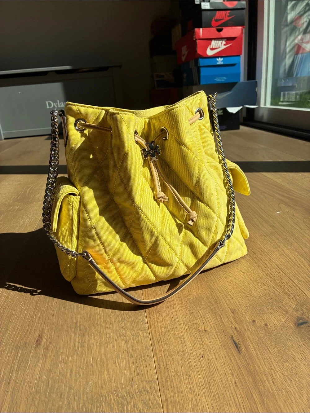 Tory Burch Charlie Yellow Quilted Denim Bag